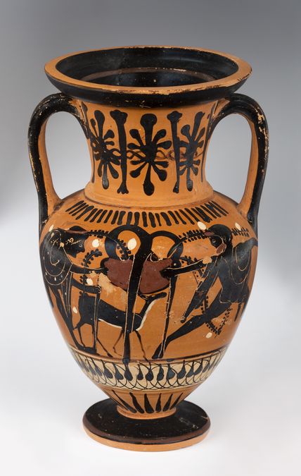 zur Vergrößerungsansicht des Bildes: Amphora mit Darstellung des Herakles wie er den Dreifuß des Apoll stiehlt. 