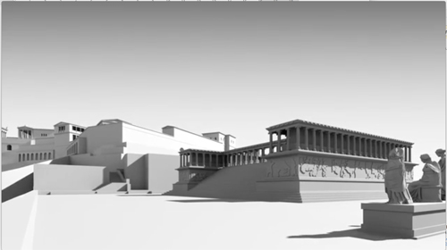 3D-Modell des antiken Pergamon, Blick auf den Bezirk des Großen Altars (Visualisierung: Lehrstuhl Darstellungslehre, Prof. Dominik Lengyel, BTU Cottbus)