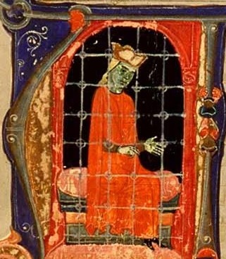 König Enzo von Sardinien (Rex Hentius) in der Initiale zu Amor mi fa sovente in der Liederhandschrift Canzioniere Palatino, entstanden Ende des 13. Jahrhunderts in Pistoia.