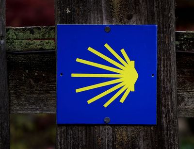Blaues Schild mit dem Symbol des Jakobsweges, einer gelben Jakobsmuschel, an einem Holzzaun.