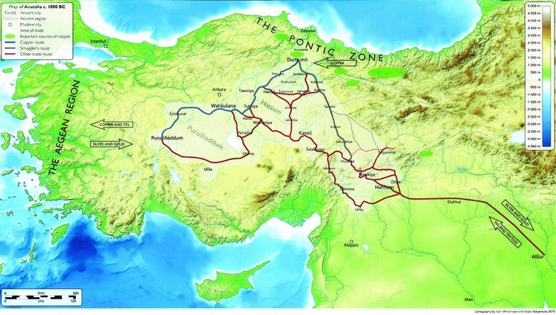 Karte assyrischer Handelsrouten in Anatolien und Obermesopotamien.