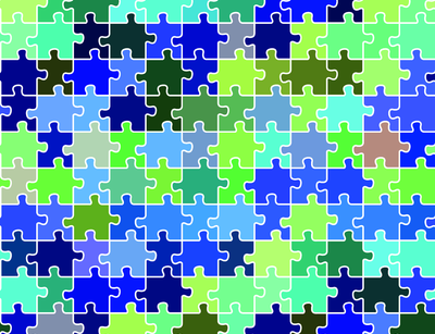 Puzzleteile in Blautönen greifen ineinander