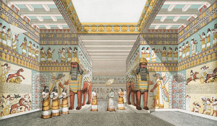 Kolorierte Zeichnung einer Halle im Palast von Nineveh. Aus: The Monuments of Nineveh von Sir Austen Henry Layard, 1853.