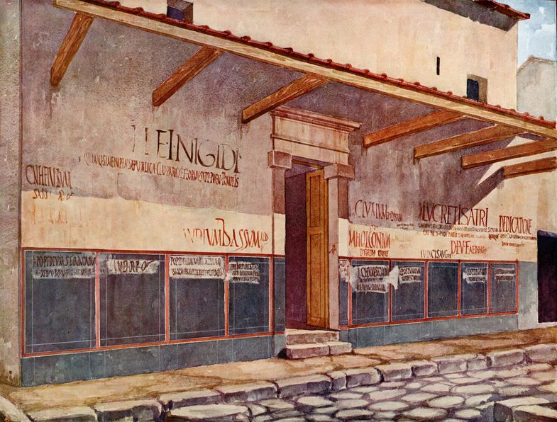 Rekonstruktionszeichnung einer Wand (vermutlich aus Pompeji) mit darauf aufgetragener Schrift, Foto: Jens-Arne Dickmann