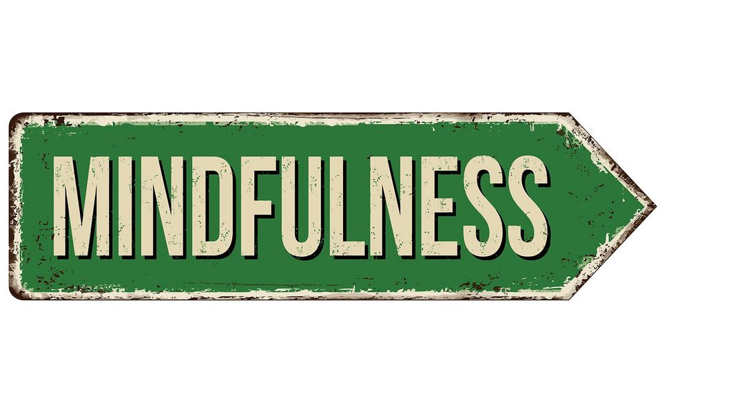 Das Bild zeigt einen grünen Pfeil mit der Aufschrift "Mindfulness". Der Pfeil erinnert an einen Richtungsweiser und ist im Vintage-Stil gestaltet.