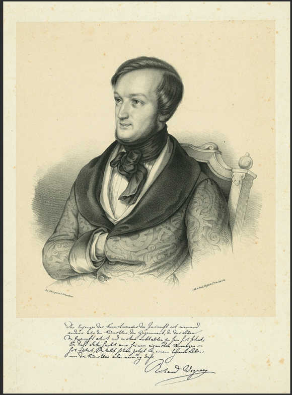 Zeitgenössische Lithographie des jungen Richard Wagner, die Caspar Scheuchzer angefertigt hat.