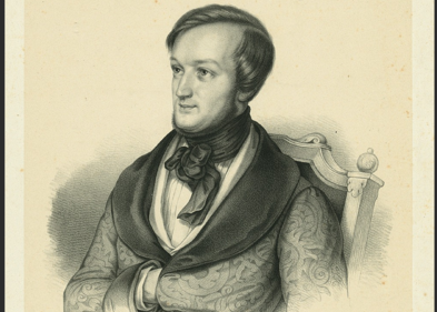 Zeitgenössische Lithographie des jungen Richard Wagner, die Caspar Scheuchzer angefertigt hat.