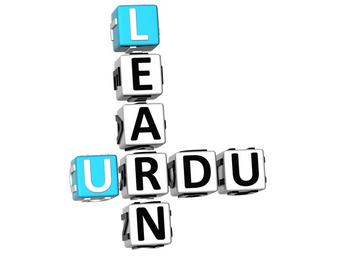 The stock photo shows crossword-like cubes that form the words "Learn Urdu".