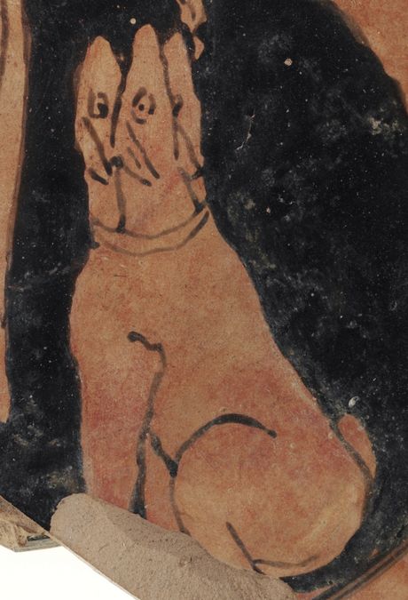 zur Vergrößerungsansicht des Bildes: Tonscherbe mit dem sitzenden dreiköpfigen Hund Kerberos.