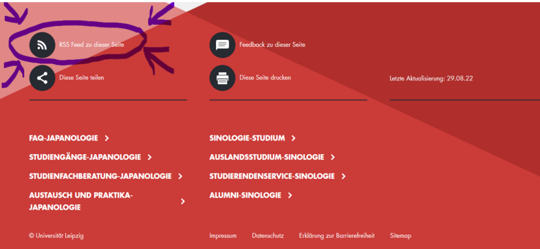 Das Bild zeigt, wo der RSS-Link auf der Homepage der Japanologie Leipzig zu finden ist.