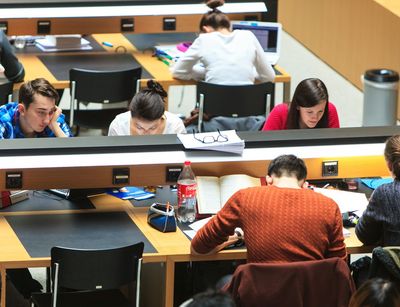 Foto: Studierende sitzen an Schreibtischen in der Bibliothek und arbeiten