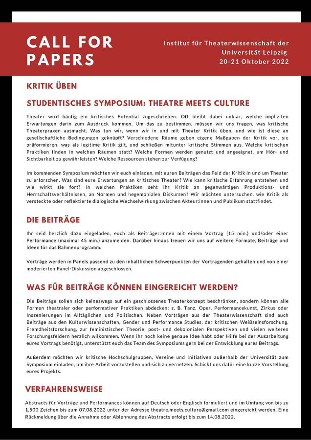 Plakat Call for Papers Kritik üben studentisches Symposium: Theatre meets Culture