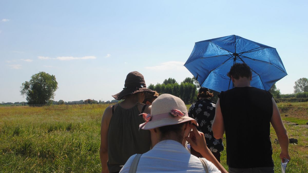 zur Vergrößerungsansicht des Bildes: Studierende während einer Exkursion bei Luni, blauer Himmel und kniehohes Gras bei der Besichtigung einer Ausgrabungsstätte