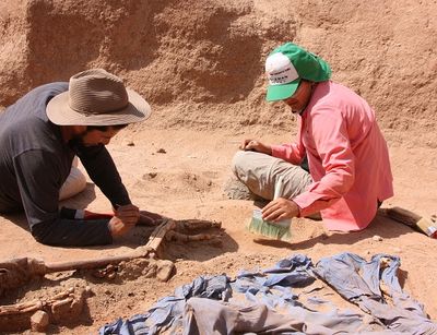 Zwei Personen begutachten Funde in einer Grube