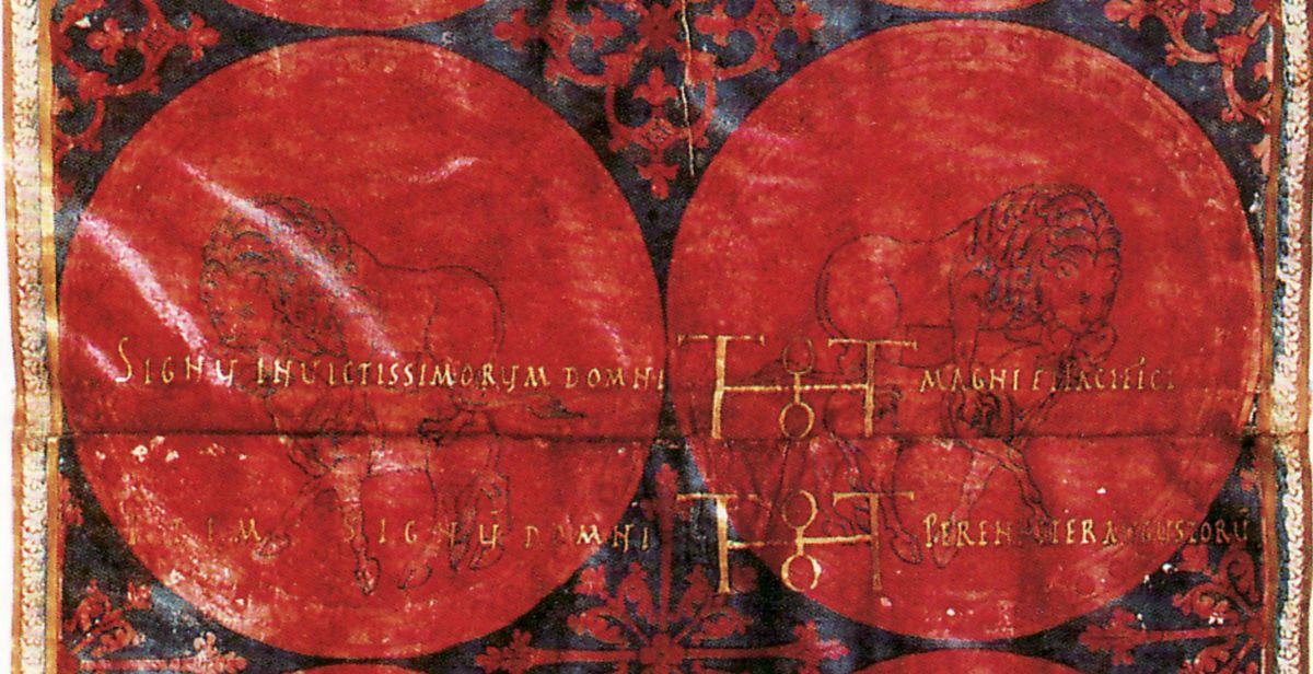Signumszeile der Heiratsurkunde für Kaiserin Theophanu mit dem Monogramm Ottos I., des großen Kaisers (Wolfenbüttel, Nds. LA, 6 Urk 11; Rom 972 Apr. 14; D. O. II. 21; Wikimedia Commons)