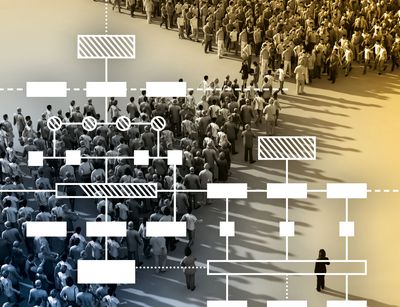 Computergrafik: Vogelperspektive auf eine große Gruppe von Menschen, die sich wie zu einer Demonstration versammeln und sich zwei Gruppen gegenüber stehen. Darüber liegen weiße Vierecke, die mit Linien verbunden sind und ein Organigramm symbolisieren.