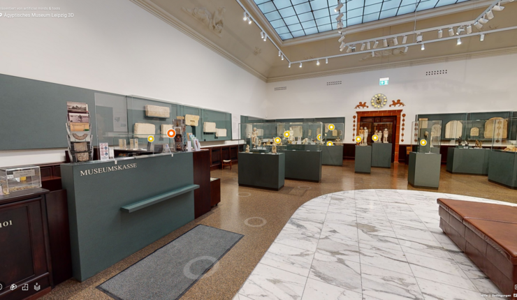 Digitales Modell des Museums, Blick in die Museumshalle mit Kasse und Vitrinen