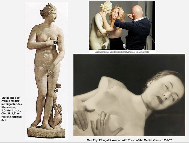 Die Skulptur der Venus Medici mit Fotografien von Scarlett Johanssen die mit der Venus fotografiert und einer unbekannten Frau die den Torso der Venus über ihren hält. Foto: Caterina Maderna