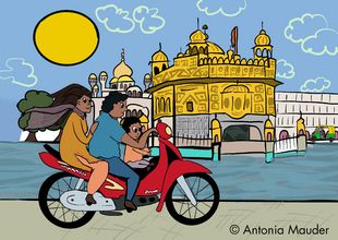 Die Illustration zeigt eine Familie auf einem Motorrad vor dem Goldenen Tempel in Amritsar, Punjab, Indien, ©Antonia Mauder.