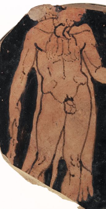 Herakles steht mit einem Löwenfell um die Schulter und hält in der rechten Hand eine Keule.