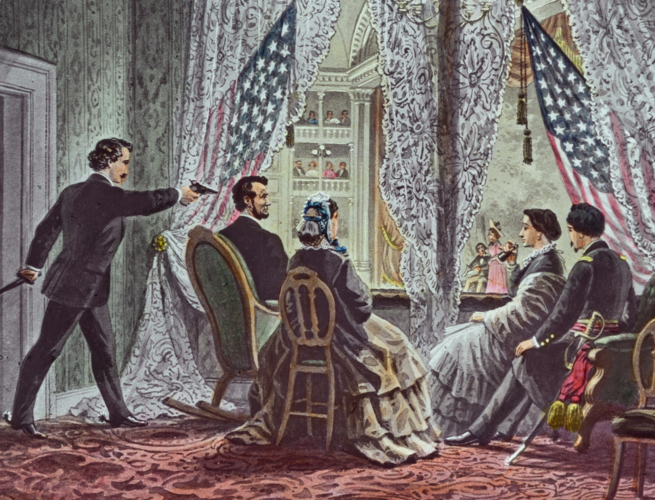 John Wilkes Booth, der sich nach vorne beugt, um Präsident Abraham Lincoln zu erschießen, während er "Our American Cousin" im Ford's Theater in Washington, D.C. am 15. April 1865 sieht. Bild: Wiki Commons.