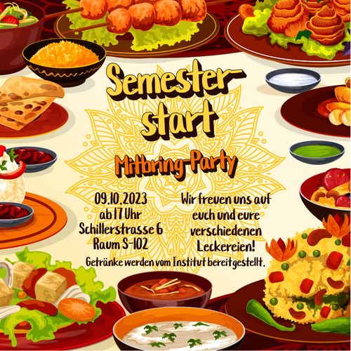 Invitation to the semester start bring along party. The picture shows a table with various Indian dishes, as well as a mandala in the middle. On it you can see the invitation text.