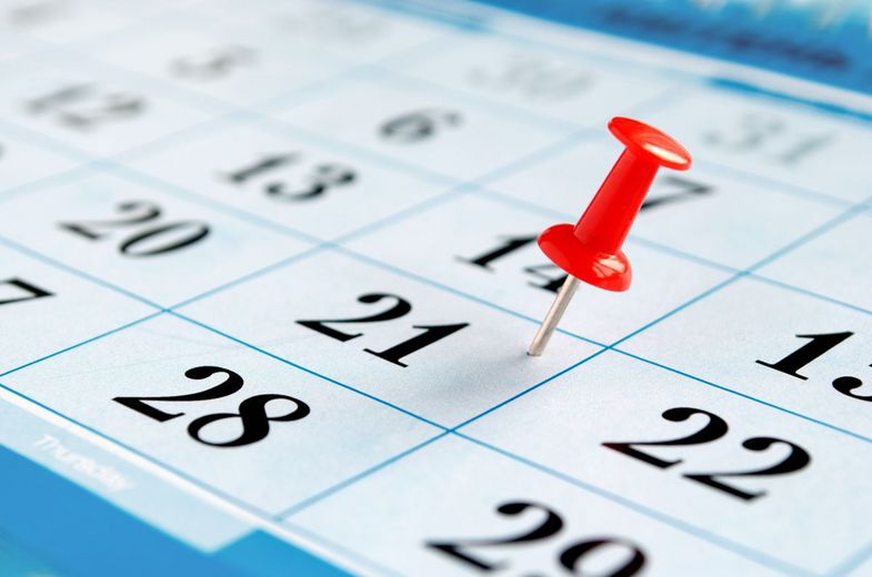 Ausschnitteines Kalenders mit einer roten Pinnadel auf einem Datum