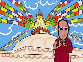 Es ist eine Darstellung des Dalai Lama vor dem Bodnath-Stupa im Comicstil zu sehen. ©Antonia Mauder.