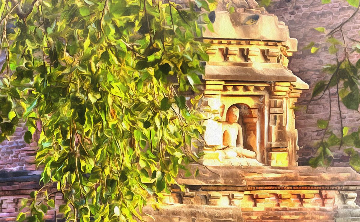 Es ist ein Gemälde des Stupas für Sariputta abgebildet. Der Stupa ist von Pflanzen umgeben., © Adobe Stock, Foto: idea_studio