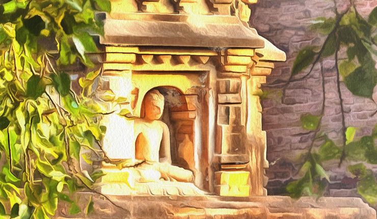 Es ist ein Gemälde des Stupas für Sariputta abgebildet. Der Stupa ist von Pflanzen umgeben., © Adobe Stock, Foto: idea_studio